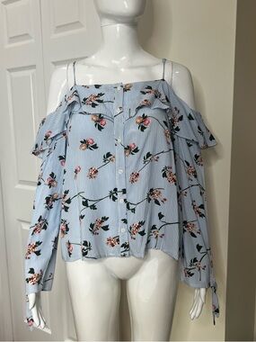 One Clothing Top Women Medium Blue Off The Shoulder Striped Floral Coquette